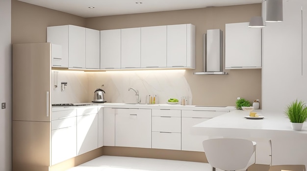 Rendering 3d moderno bancone da cucina con design bianco e beige