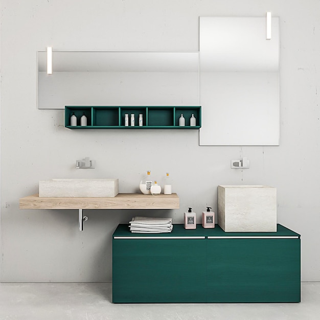 Rendering 3D moderno e minimalista per mobili da bagno interior design