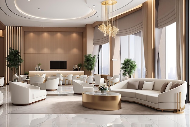 Rendering 3D moderno hotel di lusso, reception e sala riunioni