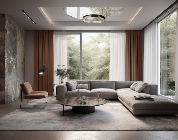 Rendering 3D moderno interno del soggiorno grandi finestre divano grigio vista foresta