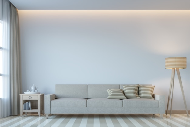 Rendering 3D moderno soggiorno bianco in stile minimal Decora la luce nascosta della stanza sul soffitto