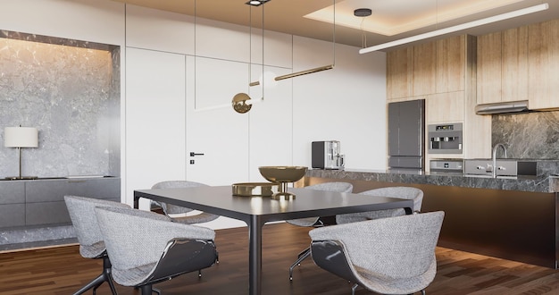 Rendering 3D moderno soggiorno di lusso da pranzo e cucina interior design