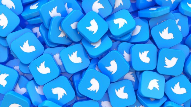 Rendering 3D molti badge quadrati di Twitter in una vista ravvicinata