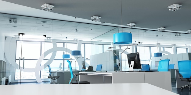 Rendering 3D molto realistico di un moderno ufficio aziendale in bianco, vetro e blu