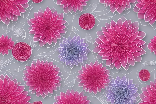 rendering 3d, motivo floreale orizzontale. Fiori di carta recisi astratti isolati