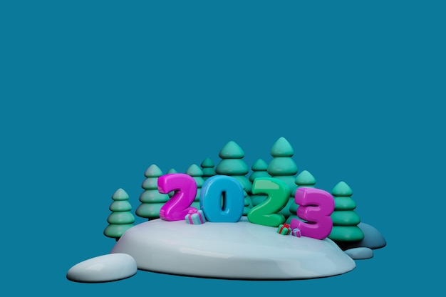 rendering 3d Numeri di vacanza multicolori 2023 su sfondo neve