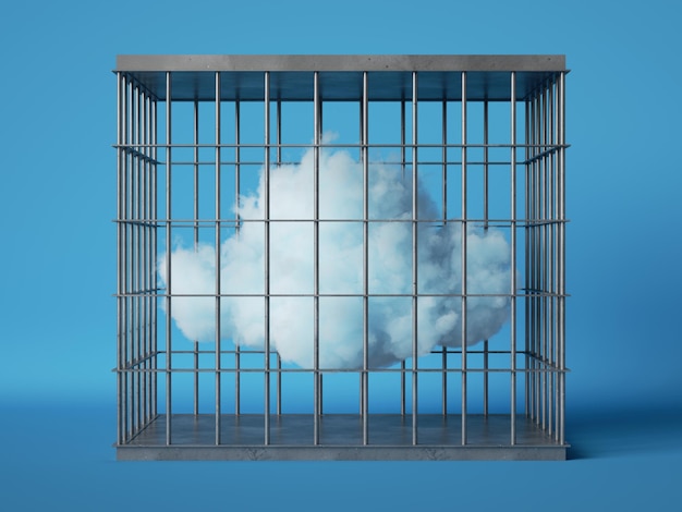 rendering 3d Nuvola bianca astratta bloccata all'interno della gabbia quadrata isolata su sfondo blu Concetto intrappolato