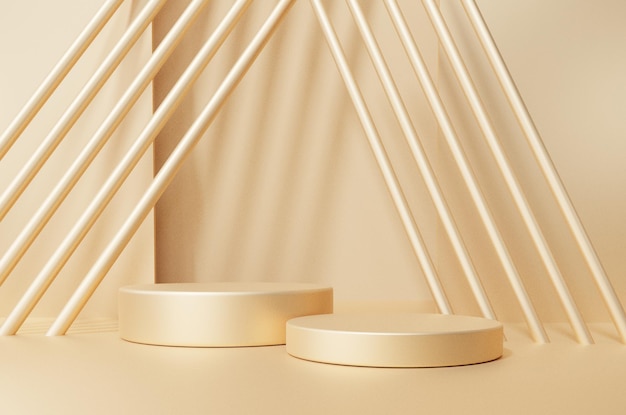 Rendering 3D oro sfondo pulito con forme geometriche piedistallo vuoto su due piani forma parete circolare gradiente da piccola a grande piattaforma composizione sfondo presentazione prodotto