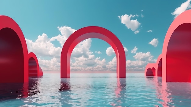 rendering 3d paesaggio marino surreale con archi rossi Ai generativo
