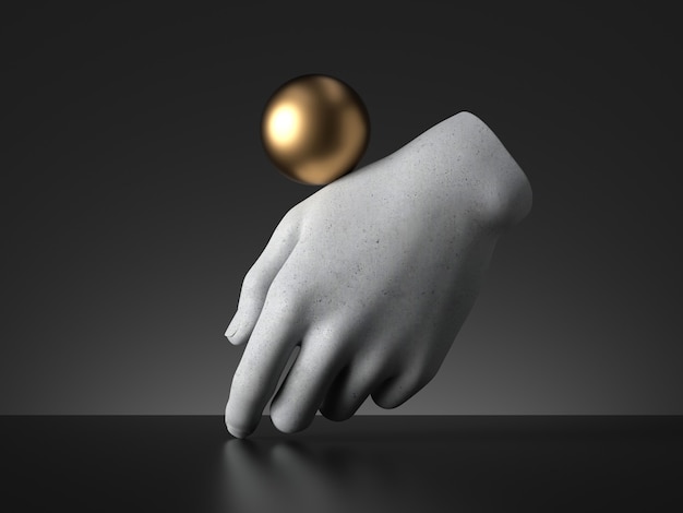 Rendering 3D, palla d'oro in equilibrio sulla mano del manichino.
