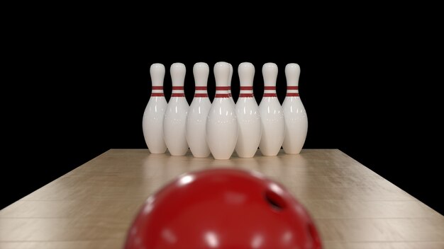 Rendering 3D Palla da bowling rossa su sfondo nero con perni