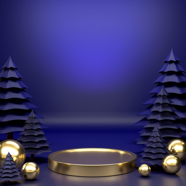 Rendering 3D palla di Natale e albero di Natale su sfondo blu