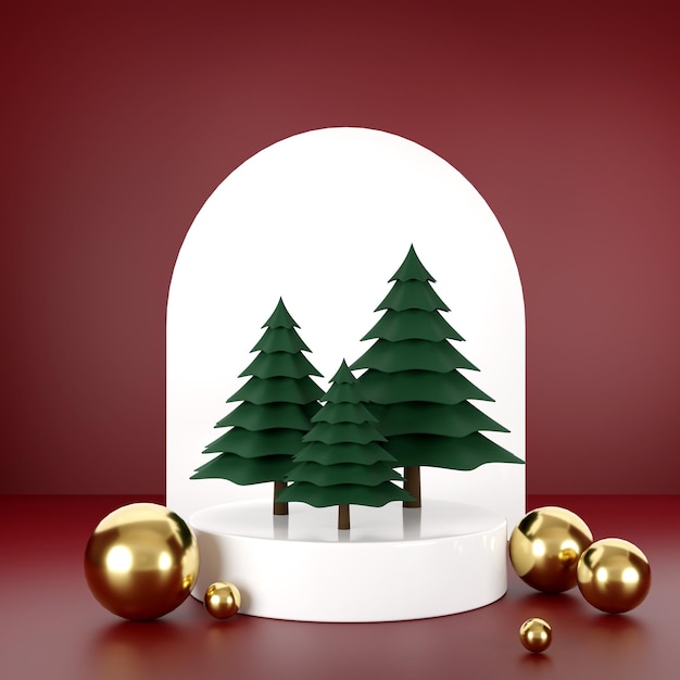 Rendering 3D palla di Natale e albero di Natale su sfondo rosso