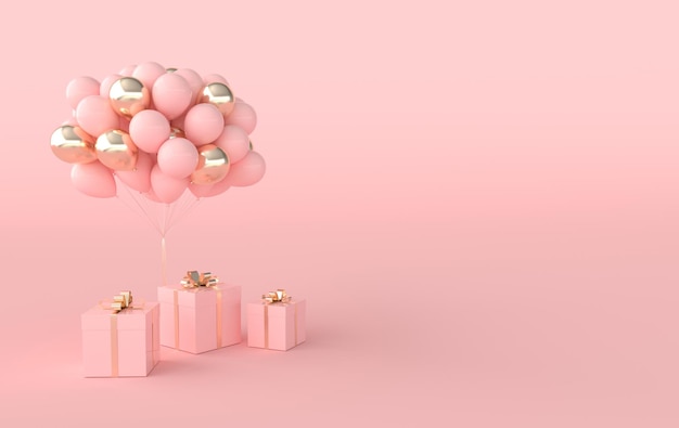 rendering 3d palloncini rosa e dorati e confezione regalo con sfondo di prua