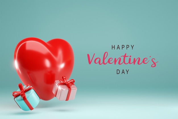 rendering 3d Palloncino cuore rosso e confezione regalo su sfondo blu Design per il design del giorno di San Valentino