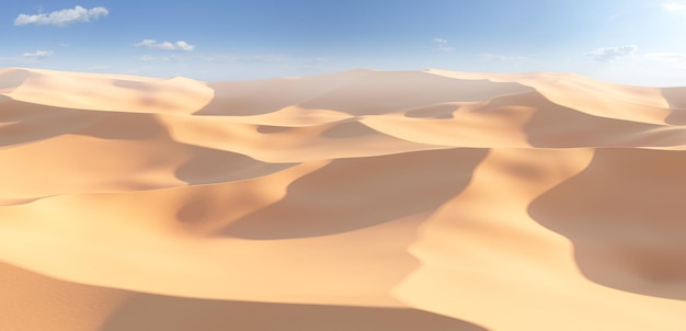 Rendering 3D Panorama delle dune in un deserto sabbioso dune di sabbia sotto un cielo blu