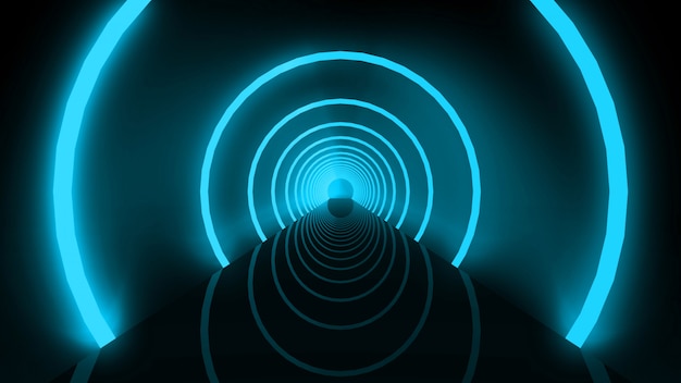 Rendering 3d. parete circolare del foro del tunnel degli anelli circolari luminosi luminosi blu del fascio.