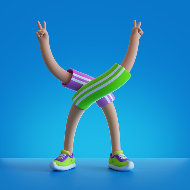 Rendering 3D parti del corpo flessibile del personaggio dei cartoni animati. Mani e gambe isolate su priorità bassa blu.