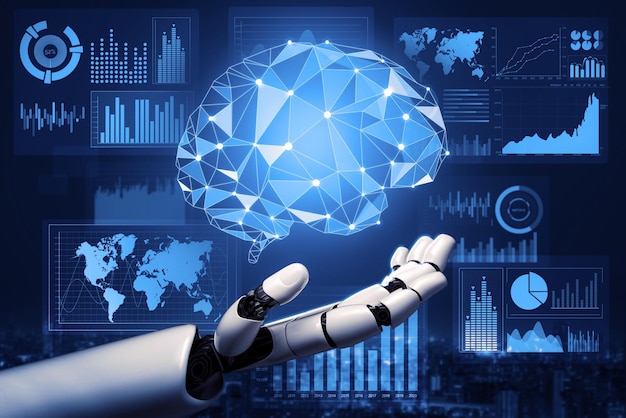 Rendering 3D Pengembangan teknologi robot futuristik kecerdasan buatan AI dan konsep pembelajaran mesin Penelitian ilmu bionik robot global untuk kehidupan manusia di masa depan Ilustrasi 3D