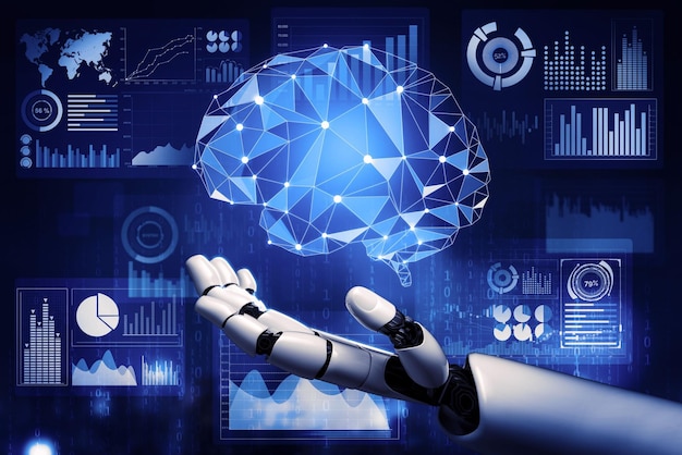 Rendering 3D Pengembangan teknologi robot futuristik kecerdasan buatan AI dan konsep pembelajaran mesin Penelitian ilmu bionik robot global untuk kehidupan manusia di masa depan Ilustrasi 3D