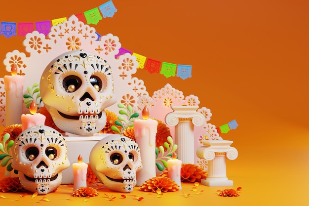 Rendering 3D per il concetto di altare del giorno dei morti Dia de muertos Composizione di simpatici teschi di zucchero