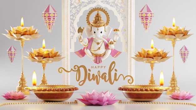 Rendering 3D per il festival diwali Diwali Deepavali o Dipavali il festival delle luci india con diya d'oro sul podio modellato e cristalli su sfondo colorato