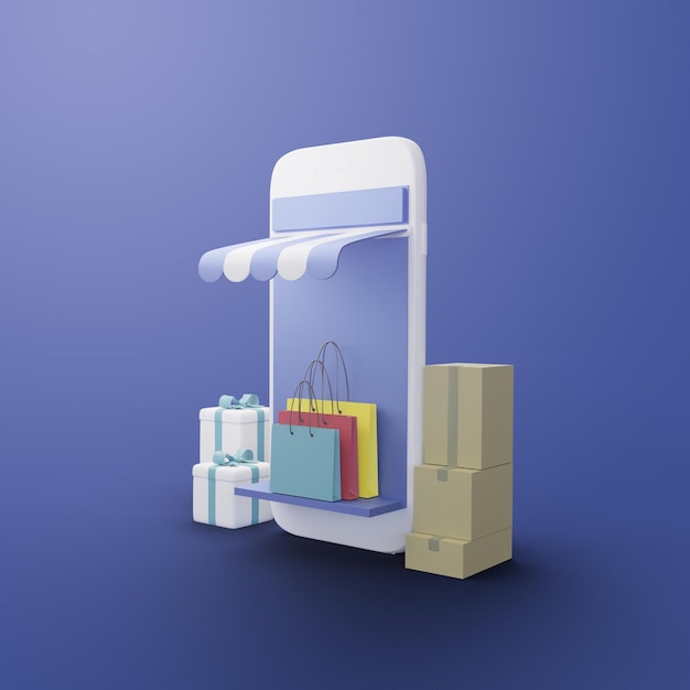 Rendering 3d per lo shopping online con smartphone bianco e borsa della spesa Design premium per poster di banner pubblicitari e modello di post sui social media
