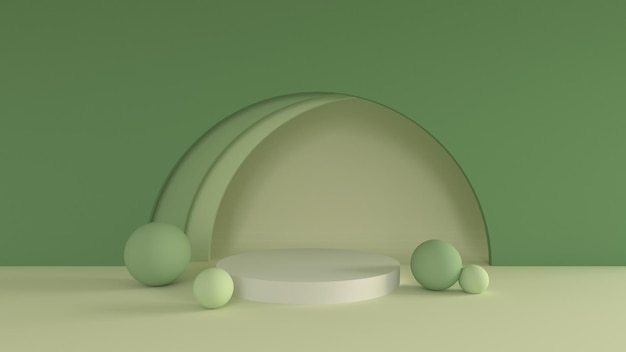 Rendering 3D per sfondo ad arco verde e mockup di supporto bianco per prodotti premium