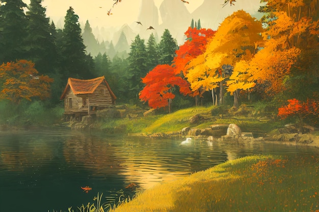 Rendering 3D Pittura digitale di cabina vicino a un fiume nella foresta di sequoie