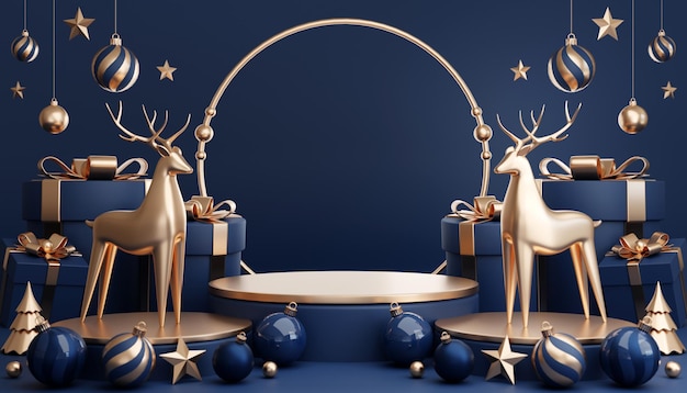 Rendering 3D Podio cilindro a Natale Babbo Natale e albero di Natale confezioni regalo nastro prodotto profumo promozione vendita presentazione cosmetico sul colore di sfondo