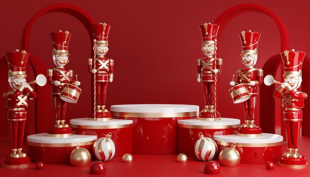 Rendering 3D Podio cilindro a Natale Babbo Natale e albero di Natale confezioni regalo nastro prodotto profumo promozione vendita presentazione cosmetico sul colore di sfondo