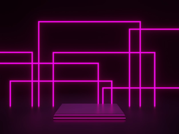 Rendering 3D. Podio nero con luci al neon rosa.