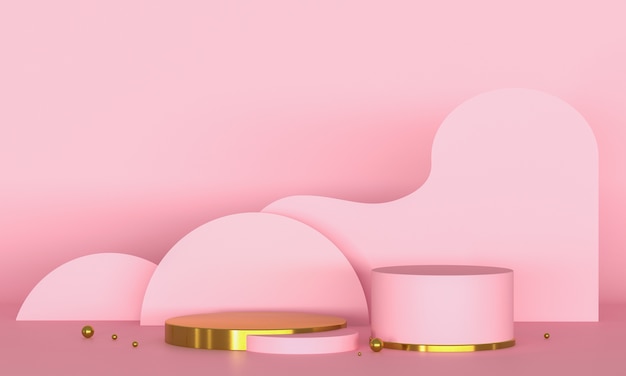 Rendering 3D podio rosa e oro.