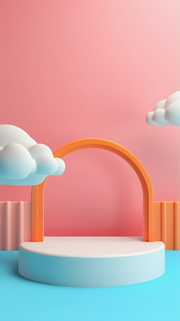 Rendering 3D podio stile bambino sfondo colorato nuvole e meteo con spazio vuoto