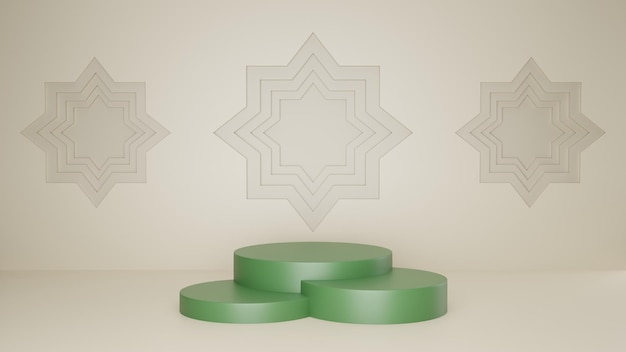 rendering 3d podio verde ramadan ornamento bianco sfondo islamico con stelle illustrazione 3d