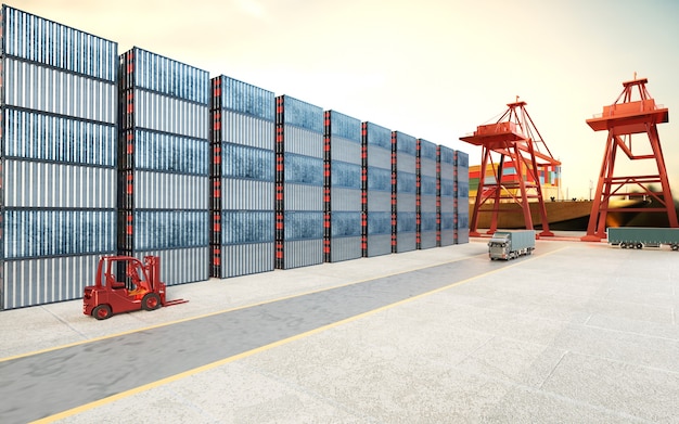 Rendering 3D Porto industriale e container