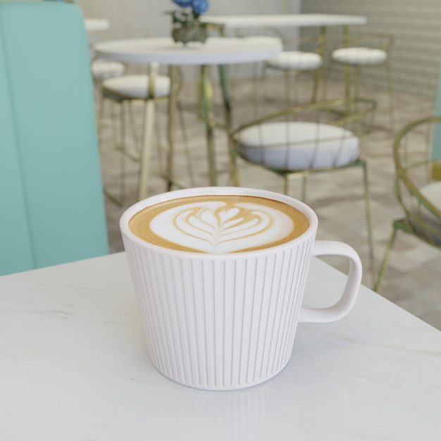 Rendering 3D primo piano caffè latte art Tazza in ceramica bianca