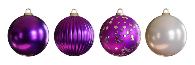 rendering 3d realistico palla di natale viola e argento isolare su sfondo bianco