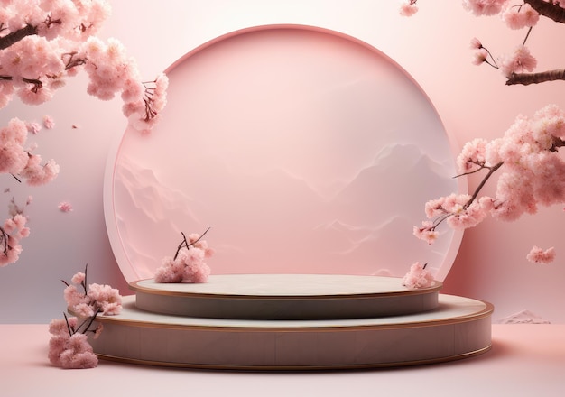 Rendering 3D realistico vuoto vuoto podio rosa pastello con bouquet di fiori di ciliegio e cortina bianca soffiante Display di prodotti di bellezza Backdrop AI Generative