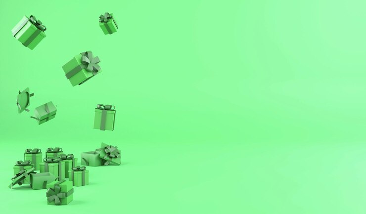 Rendering 3D regali di natale che cadono su sfondo verde illustrazione 3d natale in bianco e nero