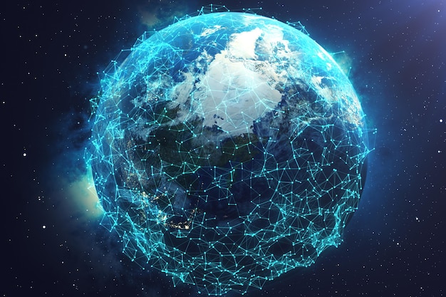 Rendering 3D Rete e scambio di dati sul pianeta terra nello spazio. Linee di collegamento intorno al globo terrestre. Connettività internazionale globale. Elementi di questa immagine forniti dalla NASA