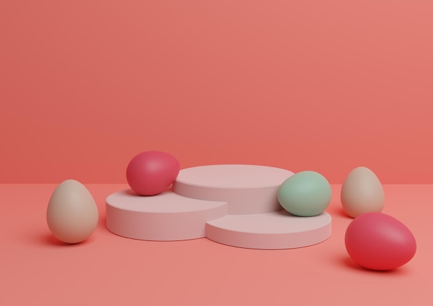 Rendering 3D rosa del prodotto a tema pasquale espositore per podio composizione uova colorate minime