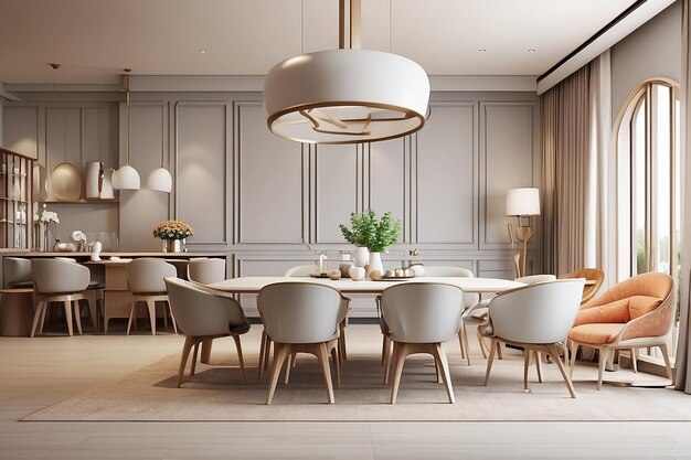 rendering 3d sala da pranzo moderna e soggiorno con poltrona retro e stile europeo