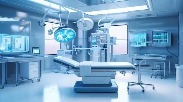 Rendering 3d sala operatoria ospedaliera con macchina CArm e robot chirurgico