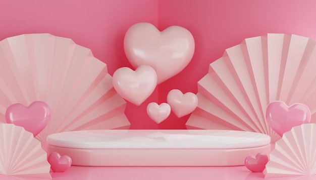 rendering 3d San Valentino con display podio rosa per prodotto innamorato e cuore