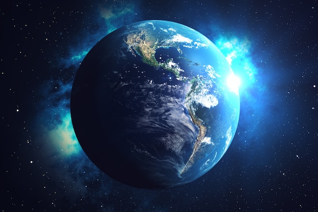 Rendering 3D Scambio di reti e dati sul pianeta Terra nello spazio. Linee di connessione Around Earth Globe. Blue Sunrise. Connettività internazionale globale. Elementi di questa immagine forniti dalla NASA