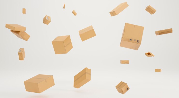 Rendering 3D scatola marrone che cade nella scatola di consegna su sfondo bianco