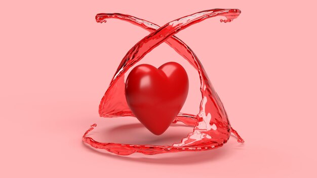 Rendering 3d, schizzi d'amore intorno al cuore, schizzi rossi intorno all'amore del cuore