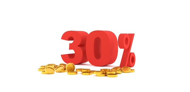 Rendering 3D Sconto del 30% con moneta d'oro e sfondo bianco Offerta speciale 30 tag di sconto Super offerta di vendita