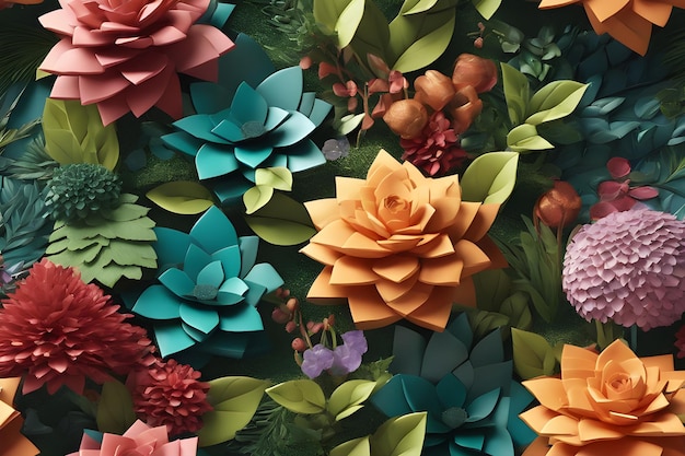 Rendering 3D senza cuciture con foglie e fiori di piante grasse